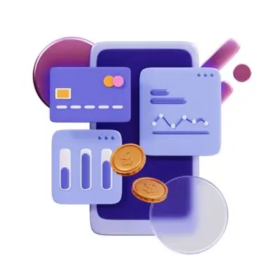 Digital finance illustration with payment card and financial analytics graphics